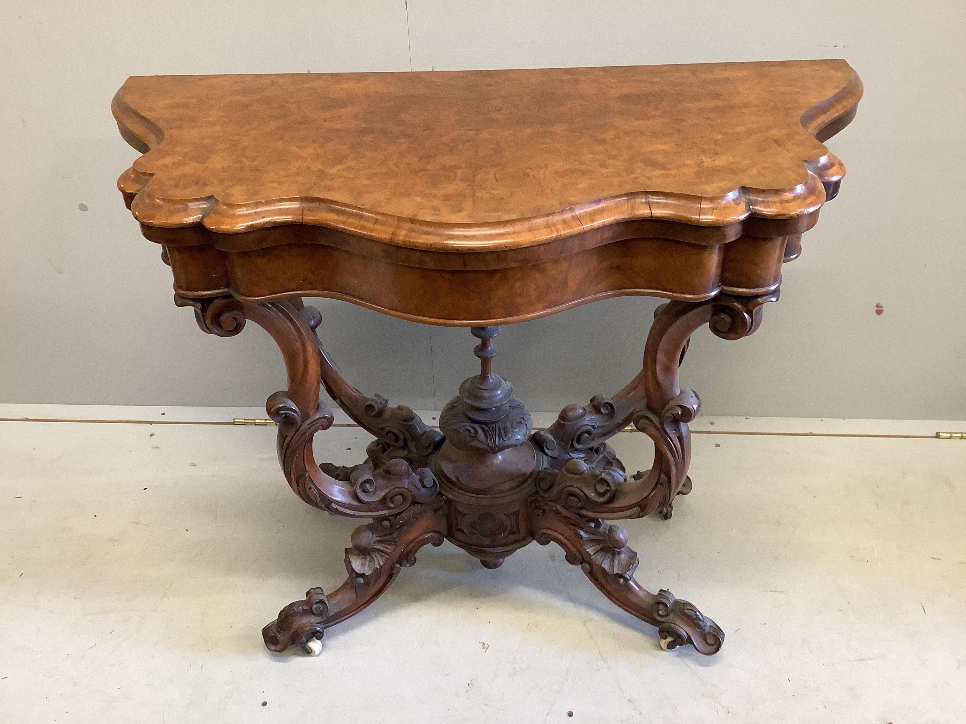A Victorian burr walnut card table, width 99cm, depth 47cm, height 76cm